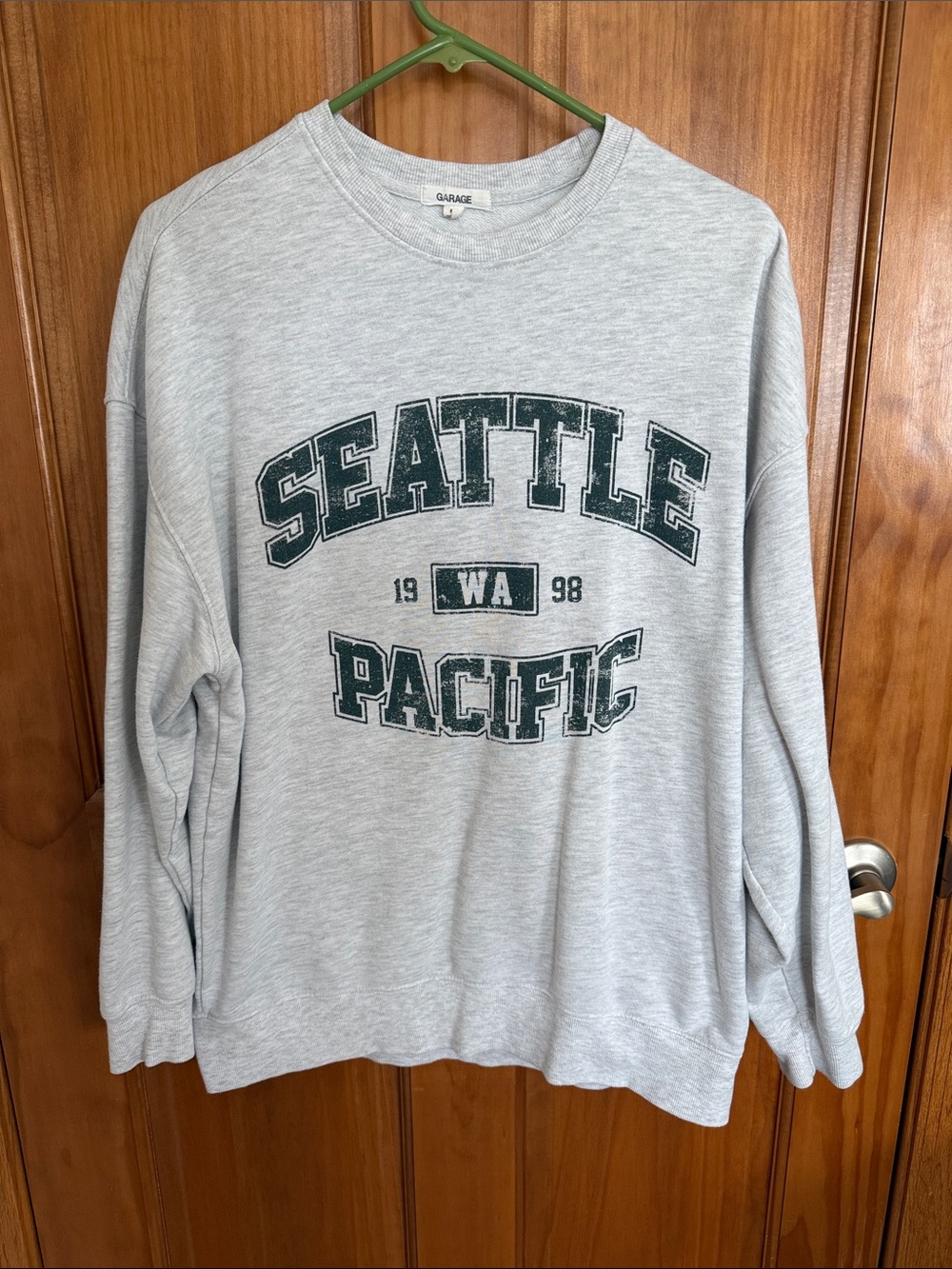 Garage Light Gray Crewneck Sweatshirt with Dark Green Seattle Pacific Print